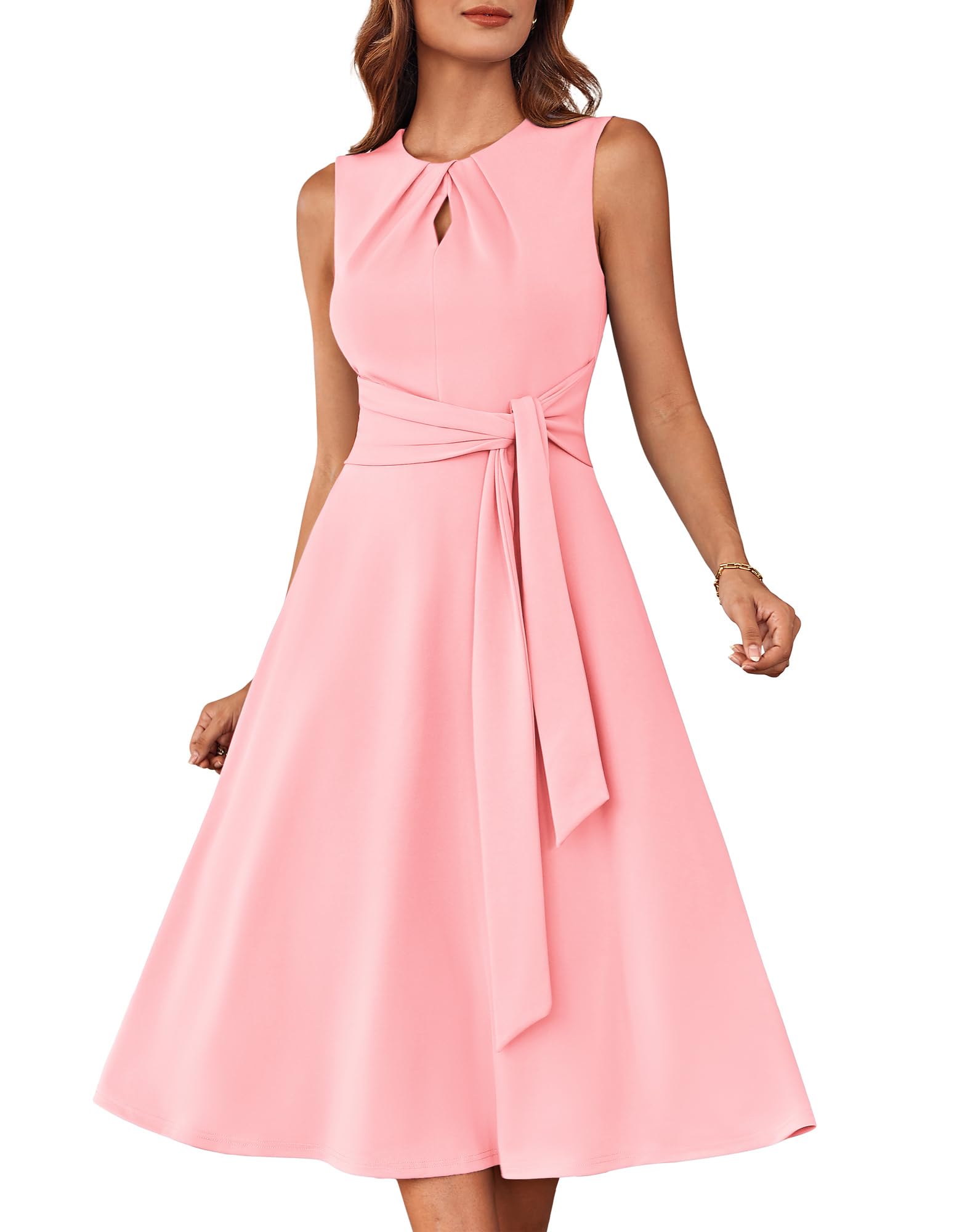 Hochzeitsgastkleid Schlichtes Swing-Sommerkleid mit Gürtel Hellrosa M