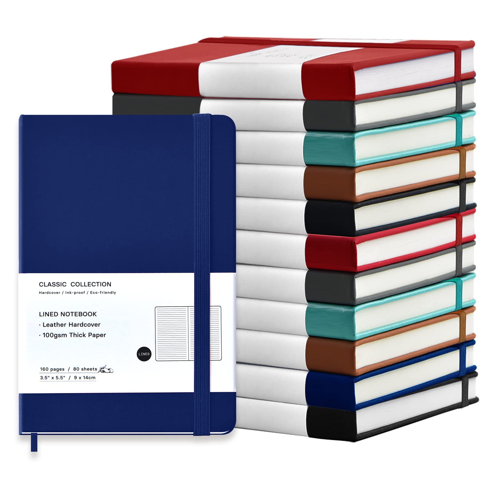 Confezione da 12 quaderni tascabili, piccoli quaderni a righe, in pelle, con copertina rigida, per ufficio, casa, scuola, lavoro, 8,9 x 14 cm, carta spessa 100 g/m², 160 pagine (6 colori)