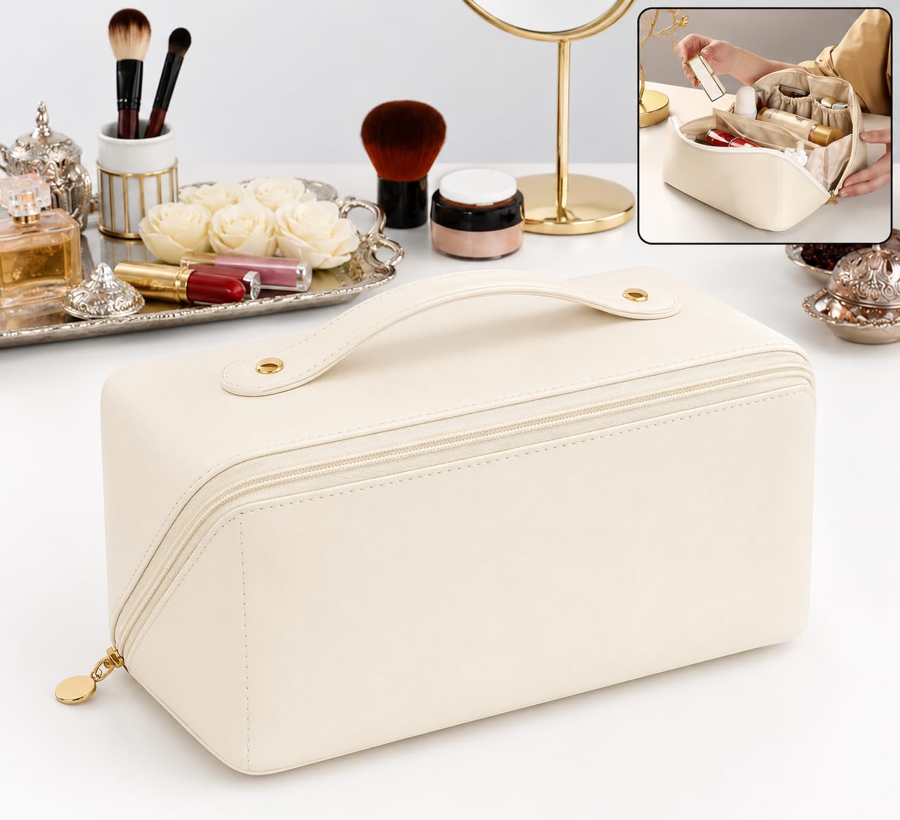 Large Capacity Makeup Organizer Bag for Women, Portable PU Leather Cosmetic Storage Case with Handle, Travel Makeup Pouch for Cosmetics, Skincare, Toiletries & Beauty Accessories (White)-picture-22