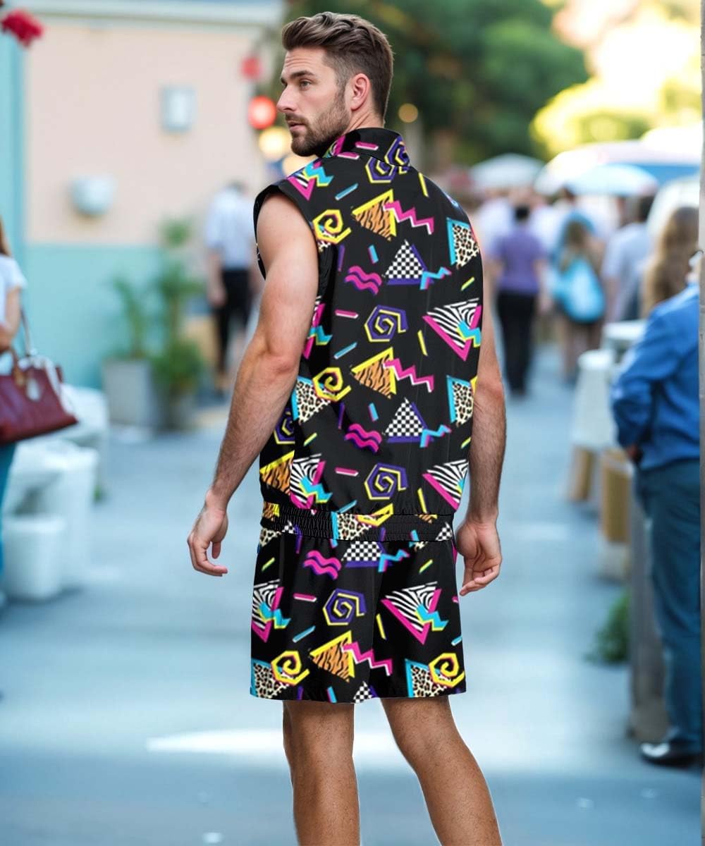UOUA Men 80s Outfit 90s Costume 2 Piece Shorts Set Themed Party Clothes - Image 4