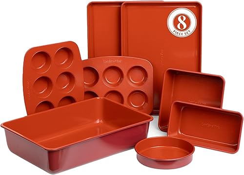 Larder & Vine Juego de utensilios para hornear, sin PFASPFOSPTFE, acero aluminizado resistente con acabado de cerámica, incluye sartenes, molde para