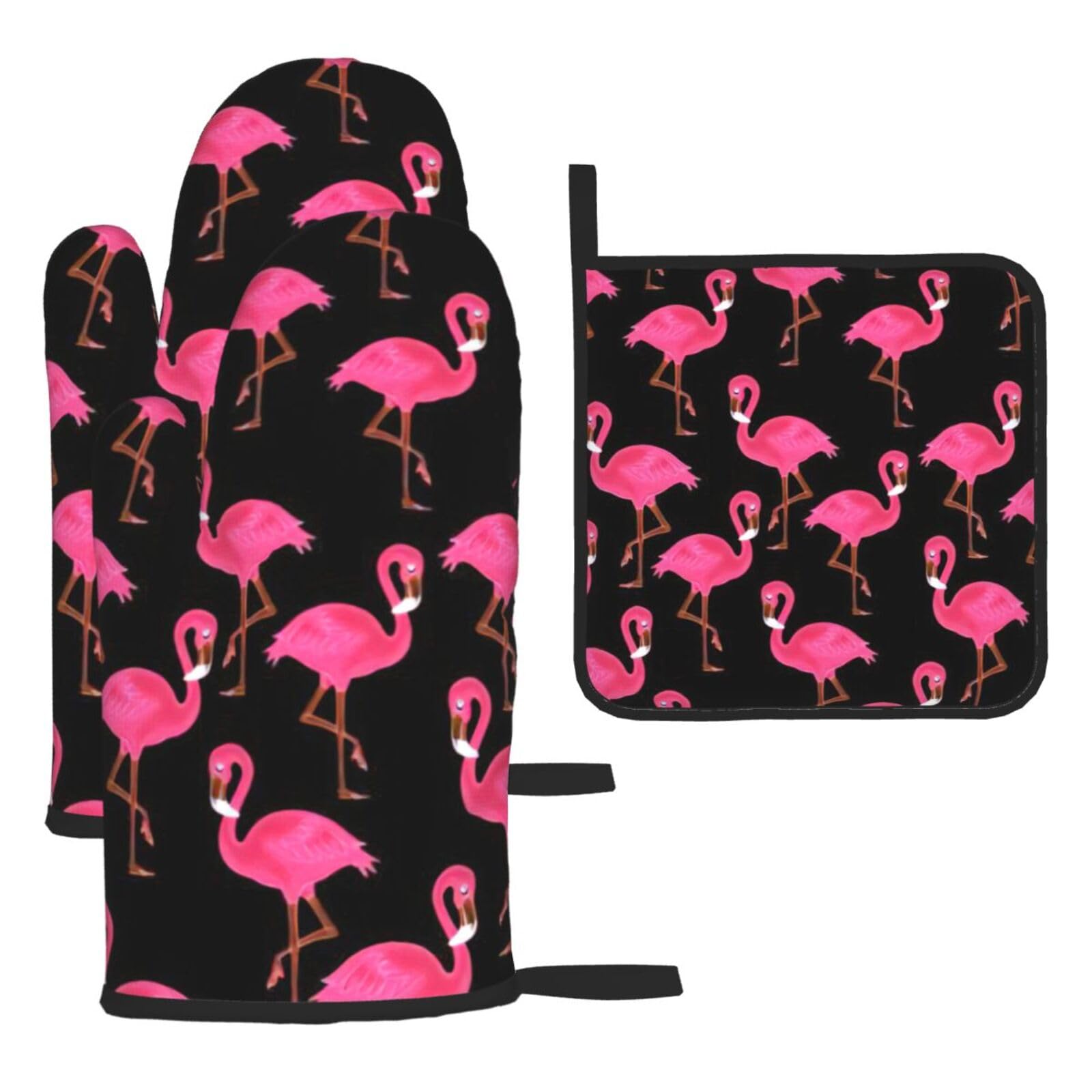 Yyoretp Black Lovely Pink Flamingos Print Oven Mitts And Potholders Bbq Gloves-Oven Mitts And Pot Holders For Cooking Baking