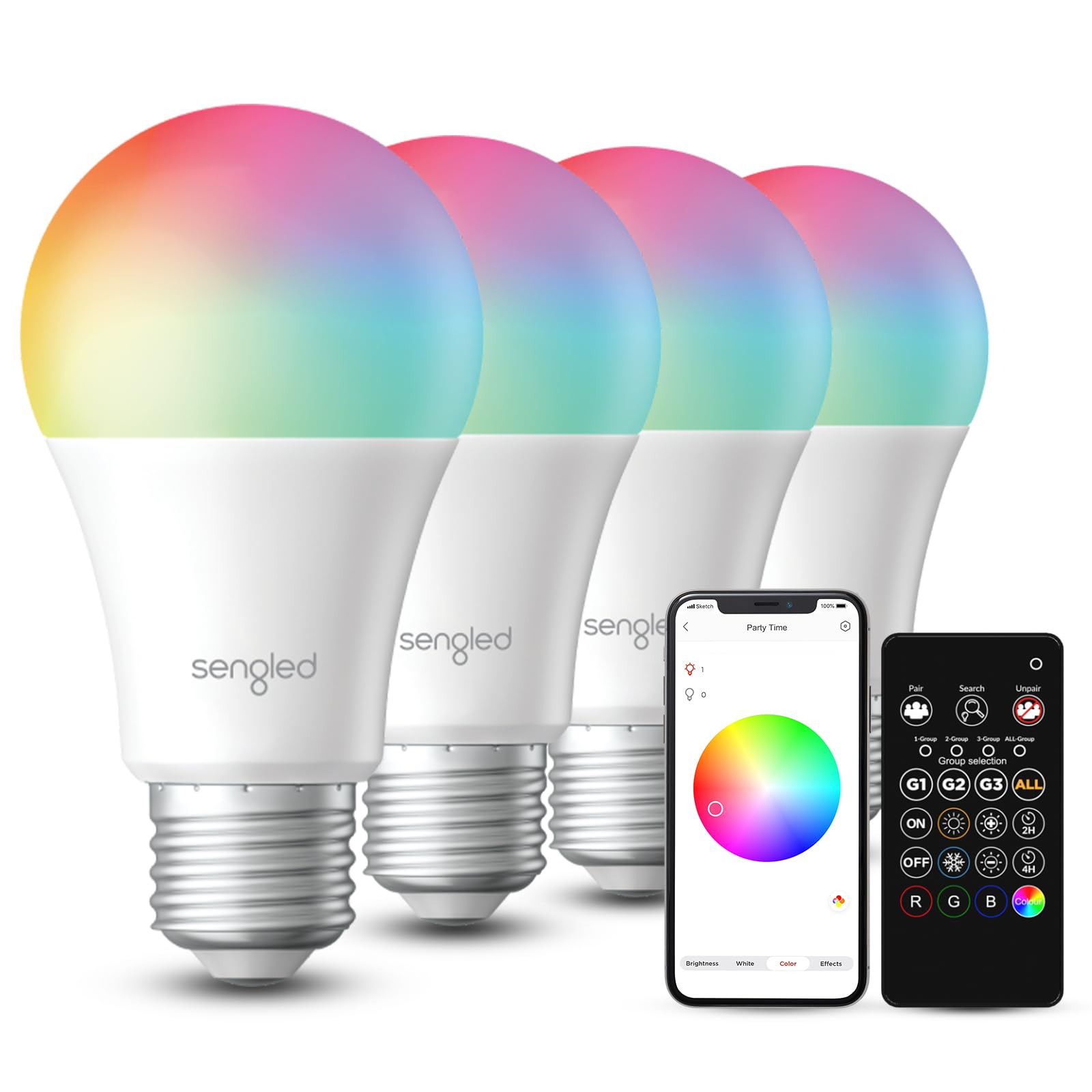 Sengled Dual Mode Smart Light Bulbs with Remote & App Control, Color Changing Light Bulbs, RGBW LED Bulbs 2700K-6500K Dimmable, 60W, Local Group Control (4P+ 1 Remote, No Support Alexa & Google)