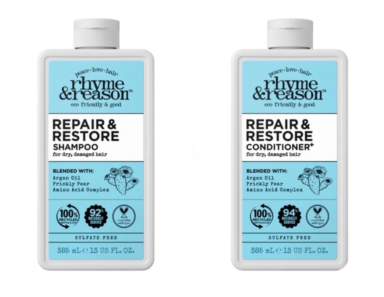Rhyme & Reason Repair and Restore Shampoo & Conditioner Combo. 13 Fl. Oz. Each bottle. For Dry Damaged Hair. Hydrate Repair. Vegan Cruelty Free.,