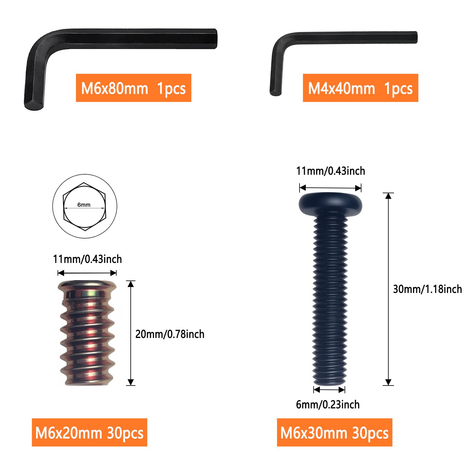 30 Sets 1/4-20 x 20mm Threaded Wood Inserts, Special Thread Inserts with Hex Nuts Fasteners for Furniture, Wooden Products, and Wood Models (M6 x 20mm)