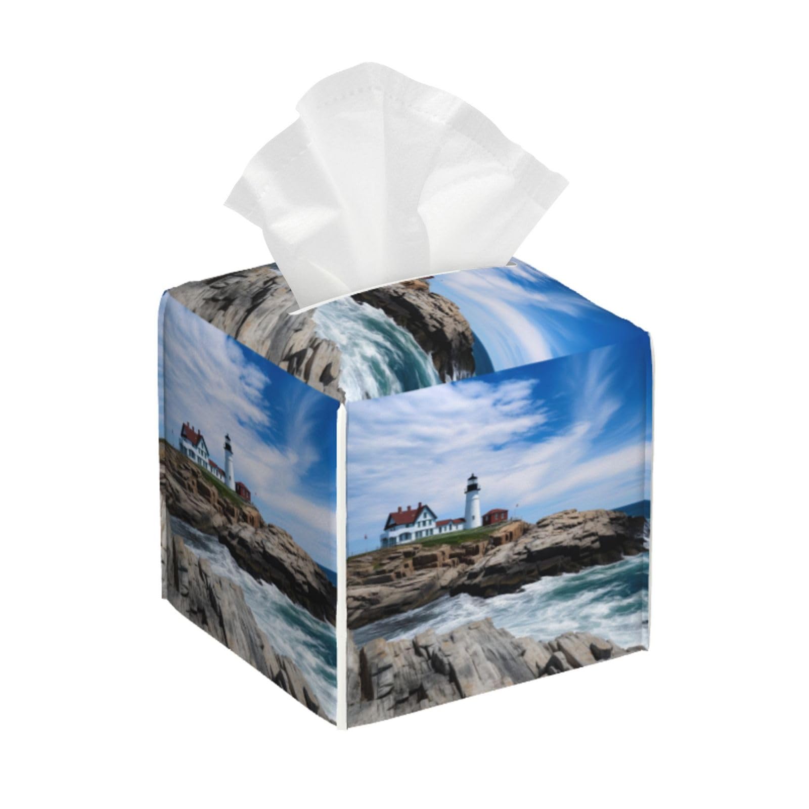 Square Tissue Boxes 5.2"x5.2"x5.2" Sea Lighthouse Tissue Holder Decor for Bathroom/Vanity Countertop/Home/Car/Office