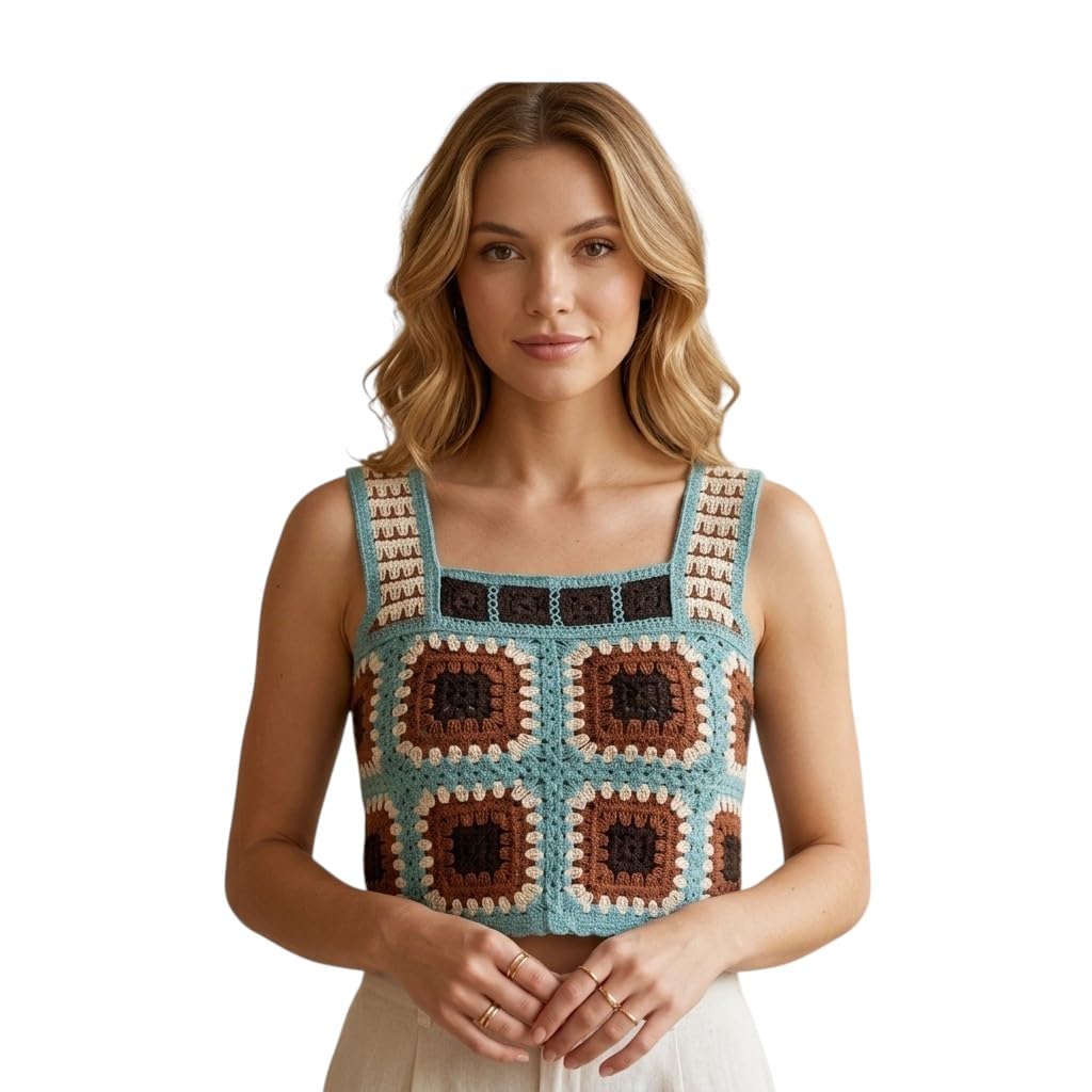 Crochet Crop Top for Women, Granny Square Pattern, Multicolour, Boho Style Tank-image-36