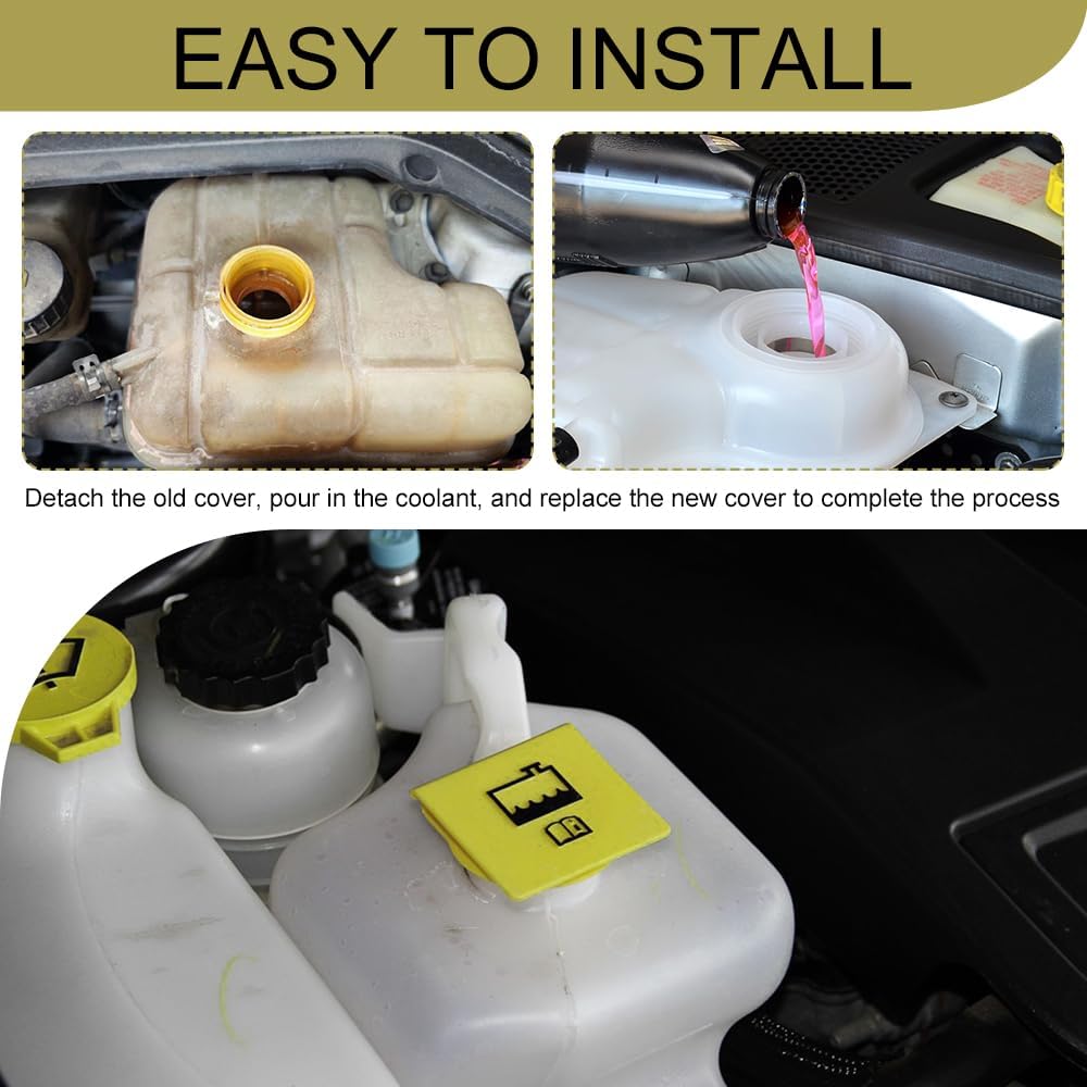 2PCS Engine Coolant Reservoir Cap, Coolant Tank Cap, Radiator Reservoir Recovery Overflow Tank Cap Replaces 55111074AA, 52079331, Yellow Coolant Cover Fit for Chrysler, Dodge, Jeep, Ram