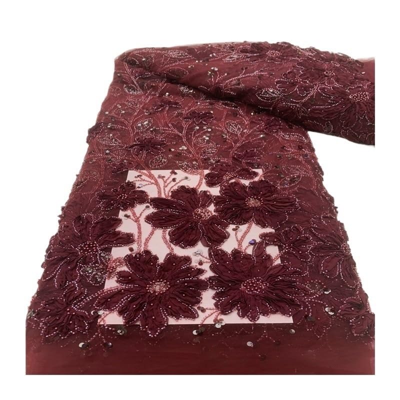 Tissu africain brodé haut de gamme en dentelle rouge et perles pour robe de haute couture