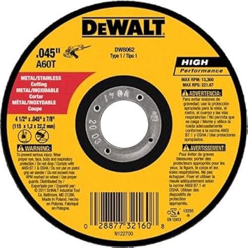 DEWALT 4 1/2 Cut Off Wheel, Angle Grinder Cutting Disc, 5 Pack, Aluminum Oxide Abrasive Chop with 7/8 Arbor for Metal Cutting, Grinding Wheels 4 1/2 in x .045 in DW8062B5