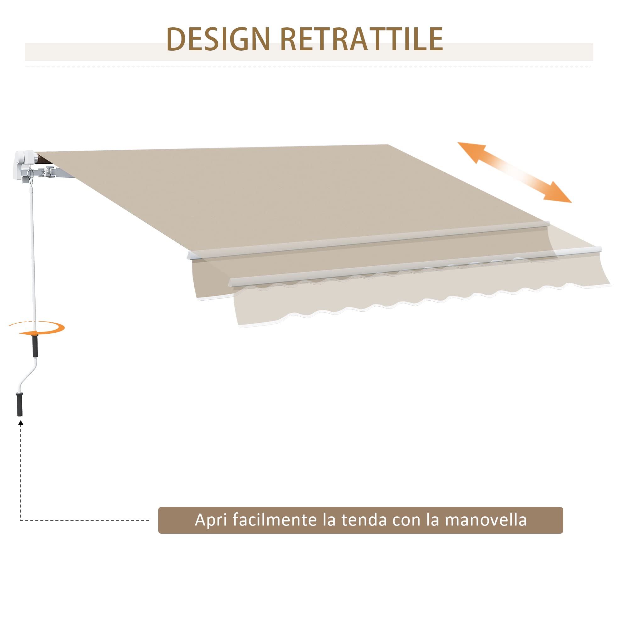 Outsunny Tenda da Sole 4x2.5 m con Braccio Avvolgibile, Tenda Parasole Esterno Alluminio Poliestere 280g/㎡, Protezione UV, Beige