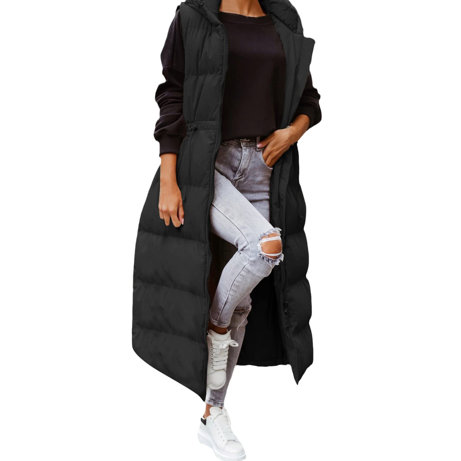 Damen Winter Ärmellose Mantel Weste Langer Hoodie Warmer Daunenmantel mit Taschen Outdoor Jacke Lange Weste mit Reißverschluss Damendaunenjacke