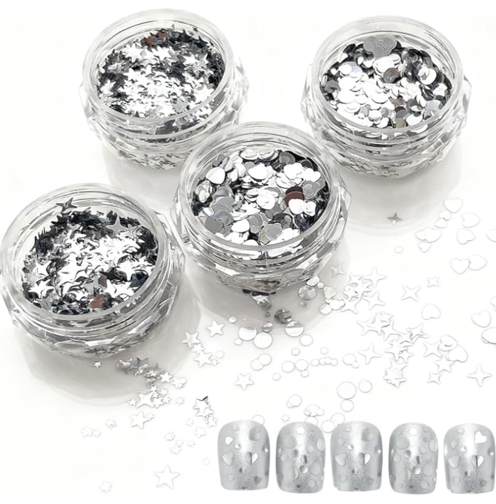 ネイルパーツ ラメパウダー デコパーツ シルバー 4種形セット ハート 星 丸型 ホログラム ジェルネイル用ラメパウダー ミクスサイズ スパンコール ネイルアート デコパーツ 容器入り