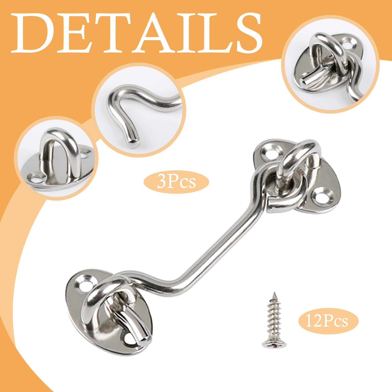 wodehahagou 3Pcs Hook and Eye Latch Door Latch Gate Hook Stainless Steel Cabin Hook Gate Hook and Eye Latch Hook Eye Latch Door Lock for Window with 12Pcs Screws - Image 3