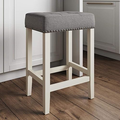 Nathan James Hylie Juego de 2 taburetes de madera para cubierta de cocina, altura de pub, 24 pulgadas, tupido, con tachuelas de tapicería, grisblanco disponible en Yaxa Peru