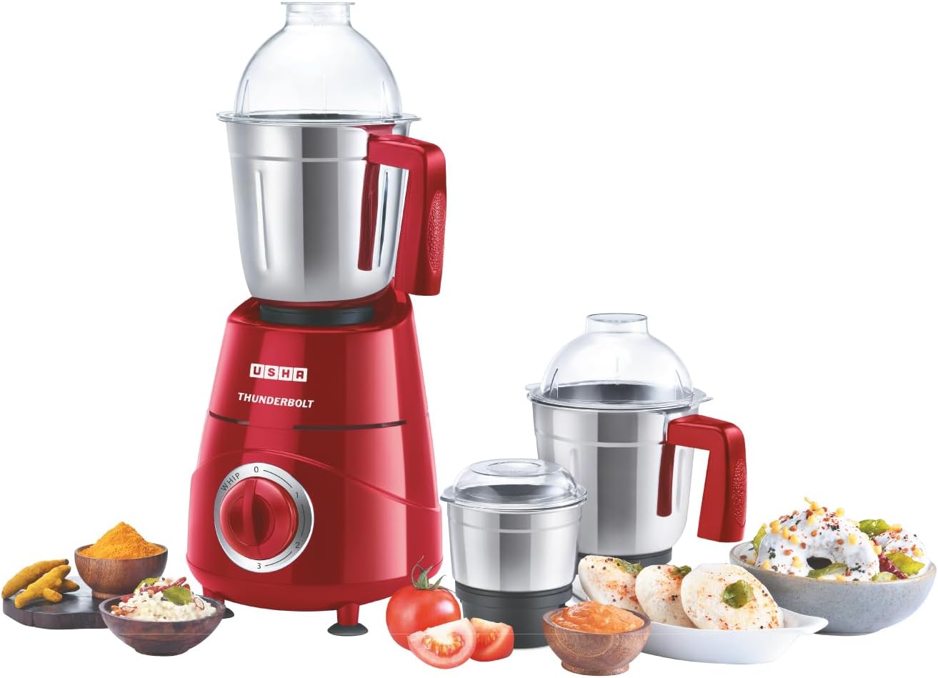 USHA Thunderbolt 800-Watt Copper Motor Mixer Grinder with 3 Jars and 5 Years Motor Warranty(Red)