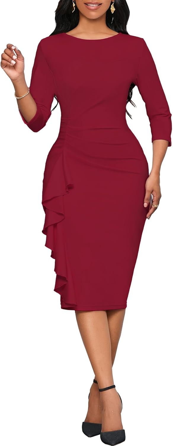 Dresses for Women 3/4 Sleeve Bodycon Ruffle Vintage Wear to Work Pencil Midi Dress - Image 5