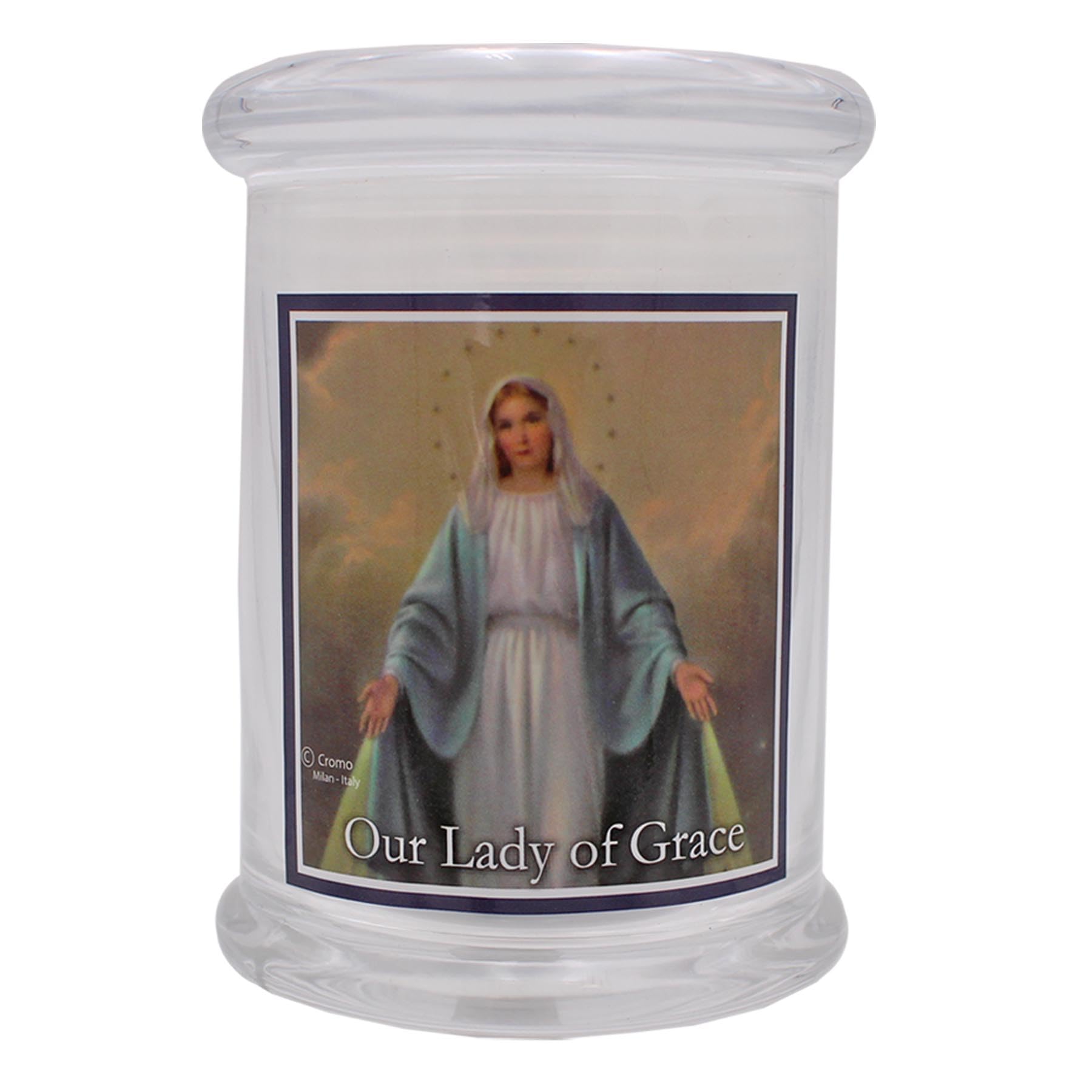 Religious Devotional LED Candle with Prayer in 10cm Glass Jar - Suitable for Indoor and Outdoor Use (Our Lady of Grace 8871)