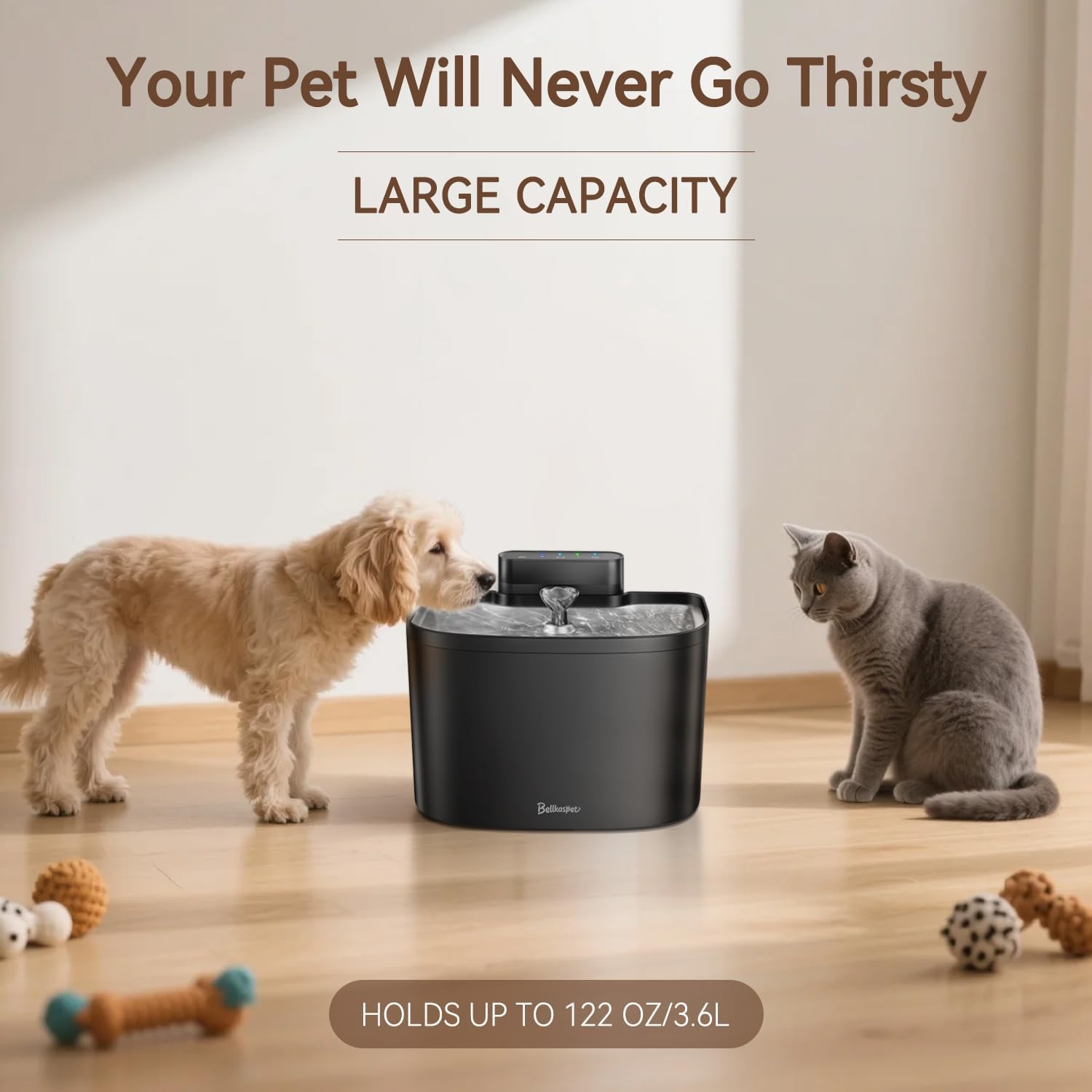 Cat Water Fountain, 122oz/3.6L Pumpless Wireless Cat Fountain, Cordless Water Fountains for Cats Indoor, Battery Operated Dog Pet Water Fountain with Stainless Steel Tray (Black, Fountain+2 Fliters)