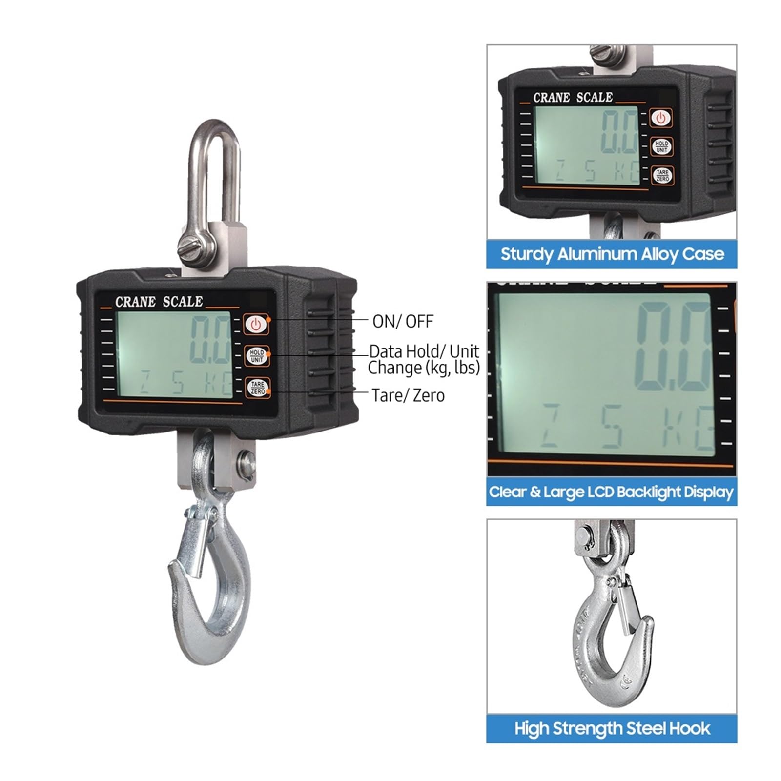 Báscula Colgante Digital 1000kg 2204lbs Báscula De Grúa Portátil De Alta Resistencia Retroiluminación LCD Báscula De Gancho Industrial Unidad De Cambio De Retención De Datos(Blue)