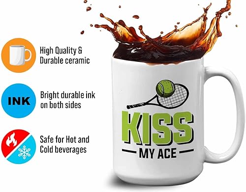 Miniatura 4 de Taza de café de tenis de 15 onzas, color blanco, Kiss My Ace, jugador de tenis, atleta, afición, divertido juego de palabras, sarcasmo, broma,