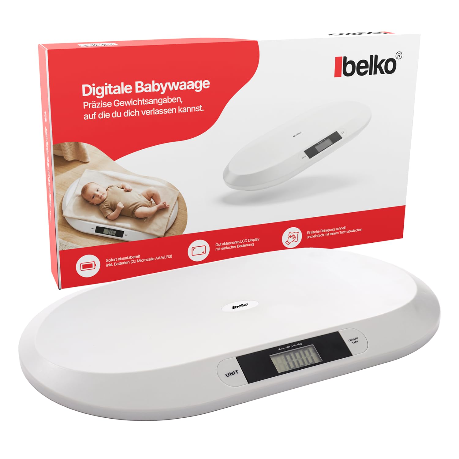 Belko® Digitale Babywaage – Flache Stillwaage bis 20 kg für Babys, Kinder & Tiere – Präzise Säuglingswaage & Tierwaage mit LCD-Display