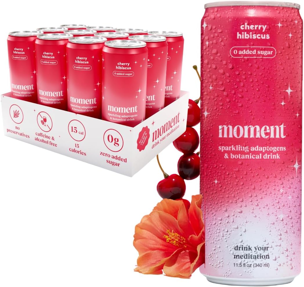 Moment SPARKLING Cherry Hibiscus. Botanical Water with L-Theanine and Ashwagandha for Zen, Stress Relief & Restful Sleep. No Caffeine or Added Sugar. Keto. 12 Cans