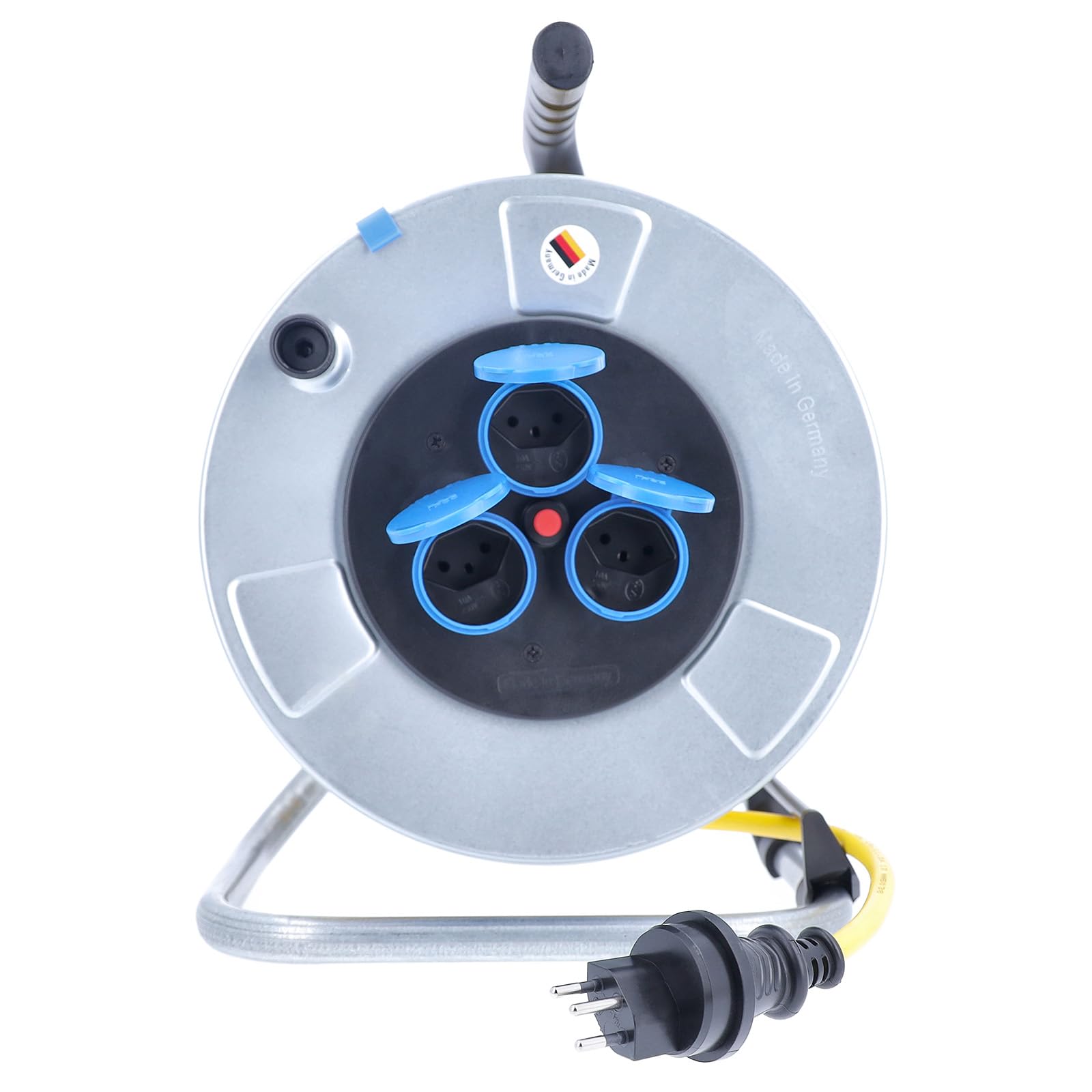 as - Schwabe avvolgicavo 50 m AT-N07V3V3-F 3G2,5, IP44 esterno, con spina SEV T13 IP55, 3 prese Tipo 13, interruttore termico di protezione, tamburo in lamiera d’acciaio zincata, Made in Germany
