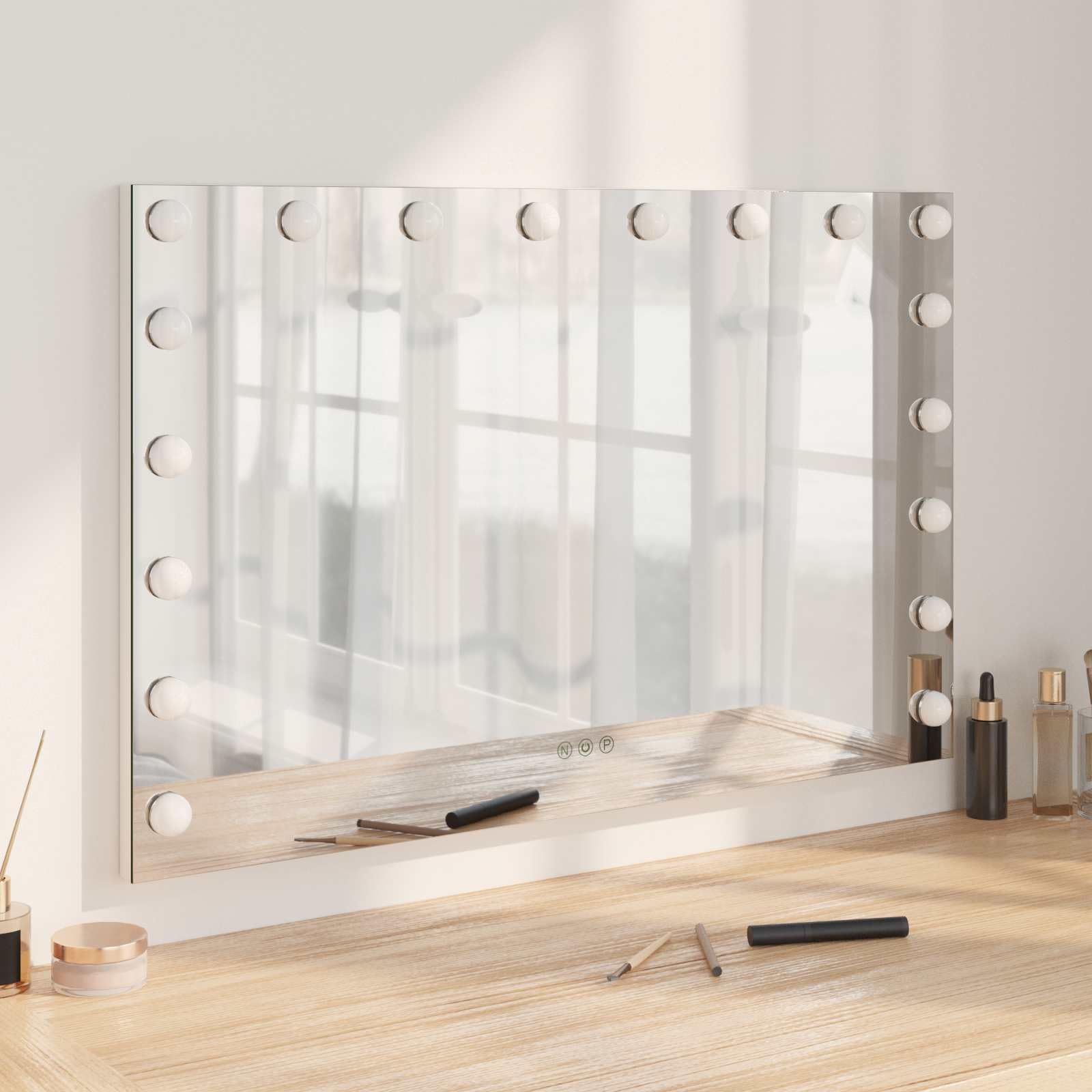 Lusterko do makijażu LED, białe, ze szkła i stali, 80 x 10 x 52,5 cm, z 3 trybami kolorów, możliwość ściemniania, sterowanie Smart Touch, antypoślizgowa podstawa, montaż na stole i na ścianie