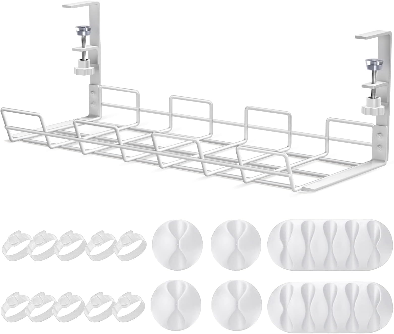 No Drill to Desk Cable Management Tray, 1 PCAK Cable Racks Under Desk Cable Organizer for Wire Management, Sturdy Metal Cable Tray Basket for Office and Home Standing Desk-White