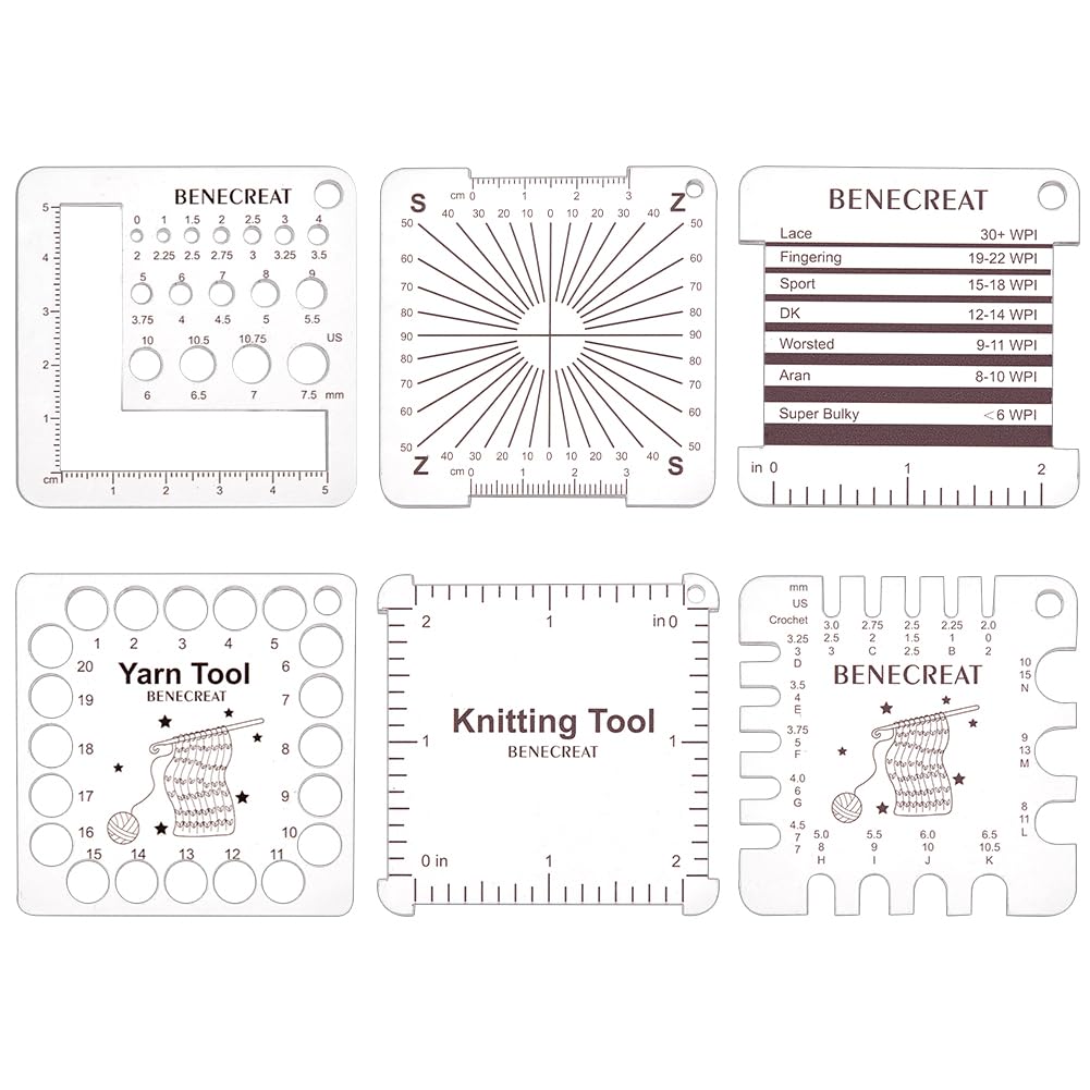 BENECREAT 6 Styles Acrylic Knitting Gauge Rulers, Crochet Hook and Yarn Wrap Per Inch Guide Knitting Tool for Spinners Yarn Measuring Crochet Accessories