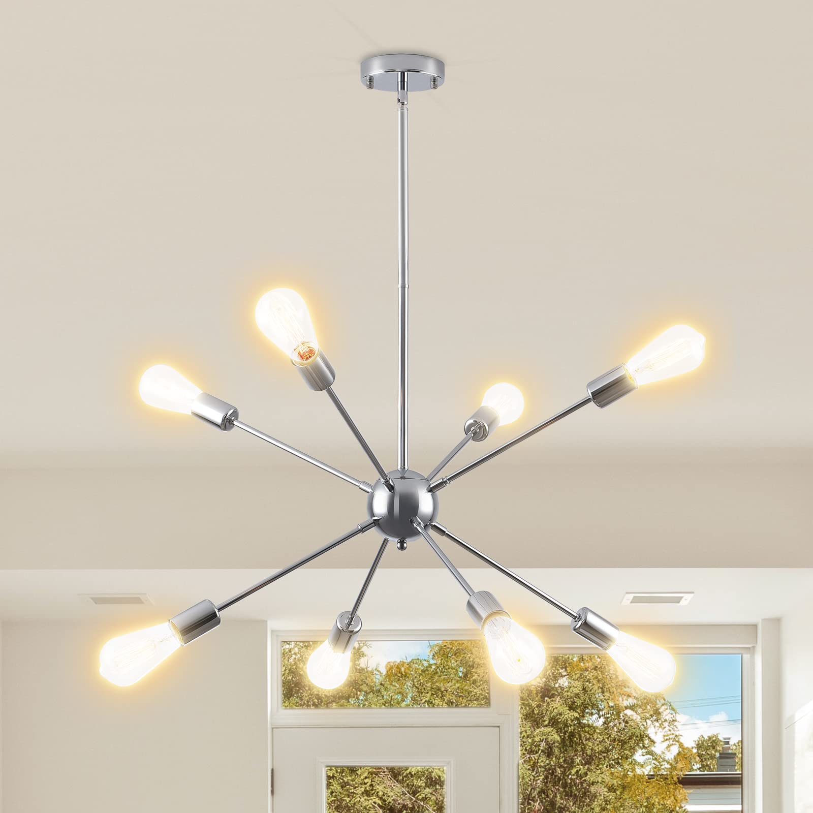 HOXIYA 26.3" Modern Sputnik Chandelier Light Fixture, Chrome 8-Lights Pendant Light, Midcentury Hanging Ceiling Lighting Fixture for Home Lamp, Bedroom, Dining Room, Kitchen, Office