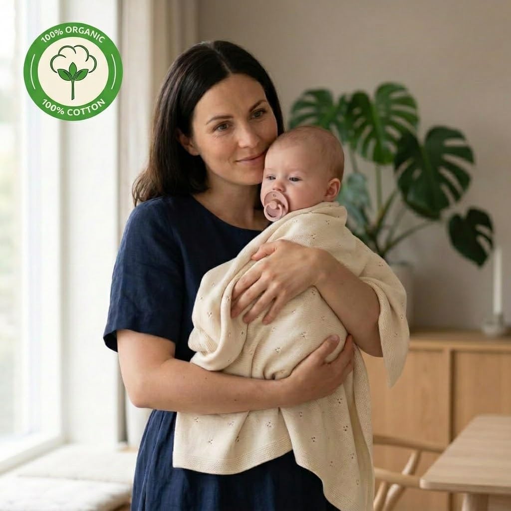 100% Organic Cotton Knit Baby Blanket for Boys and Girls- Pointelle Swaddle Blanket - 40" x 30" Soft Receiving Blanket for Newborn - Lightweight Heirloom Nursery Knit Blanket for Babies(Ivory)