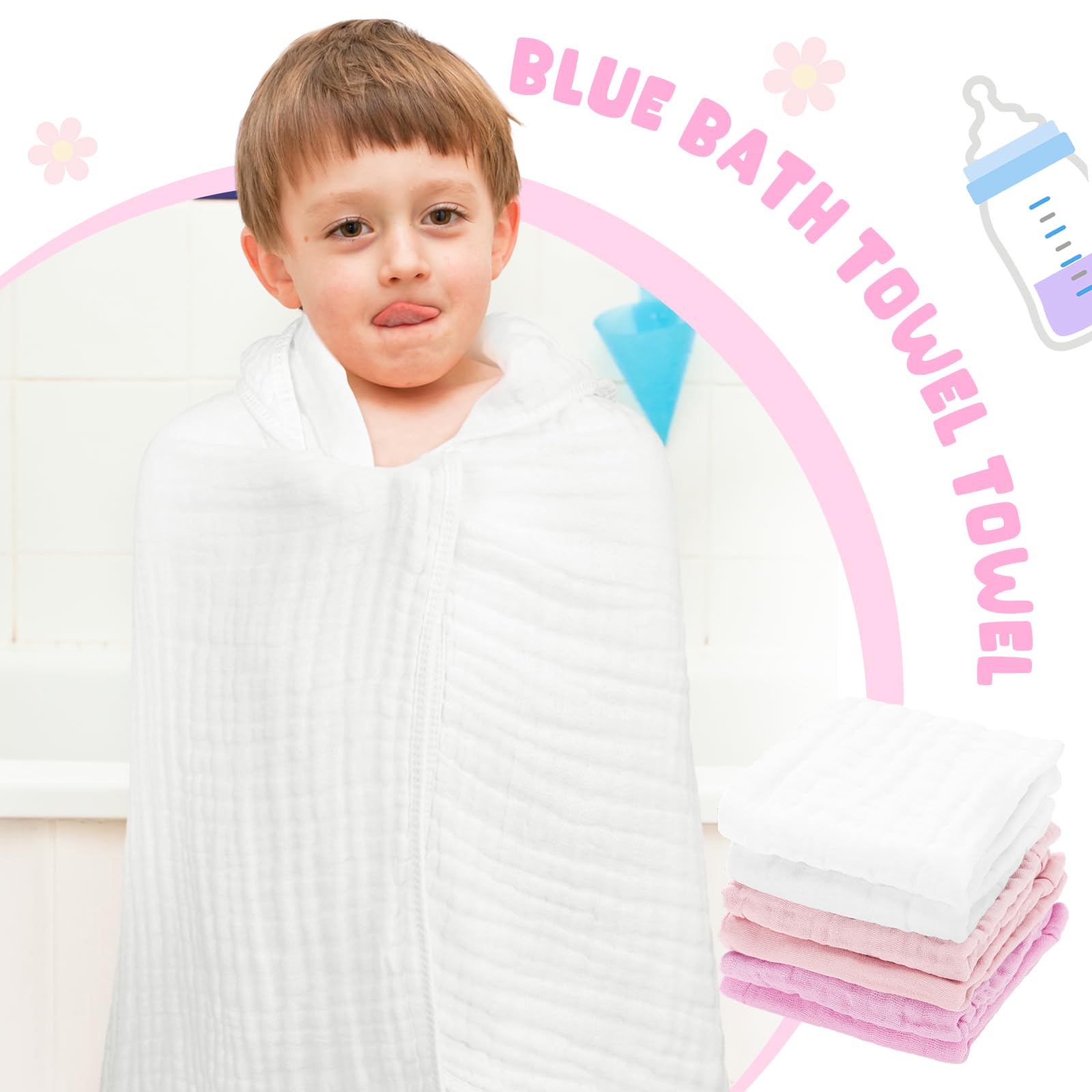 Peryiter Juego de 8 toallas de baño de muselina con capucha para bebé y paño de lavado de gasa de algodón suave, toalla de baño con capucha para bebé, toallitas absorbentes para la cara, paños para
