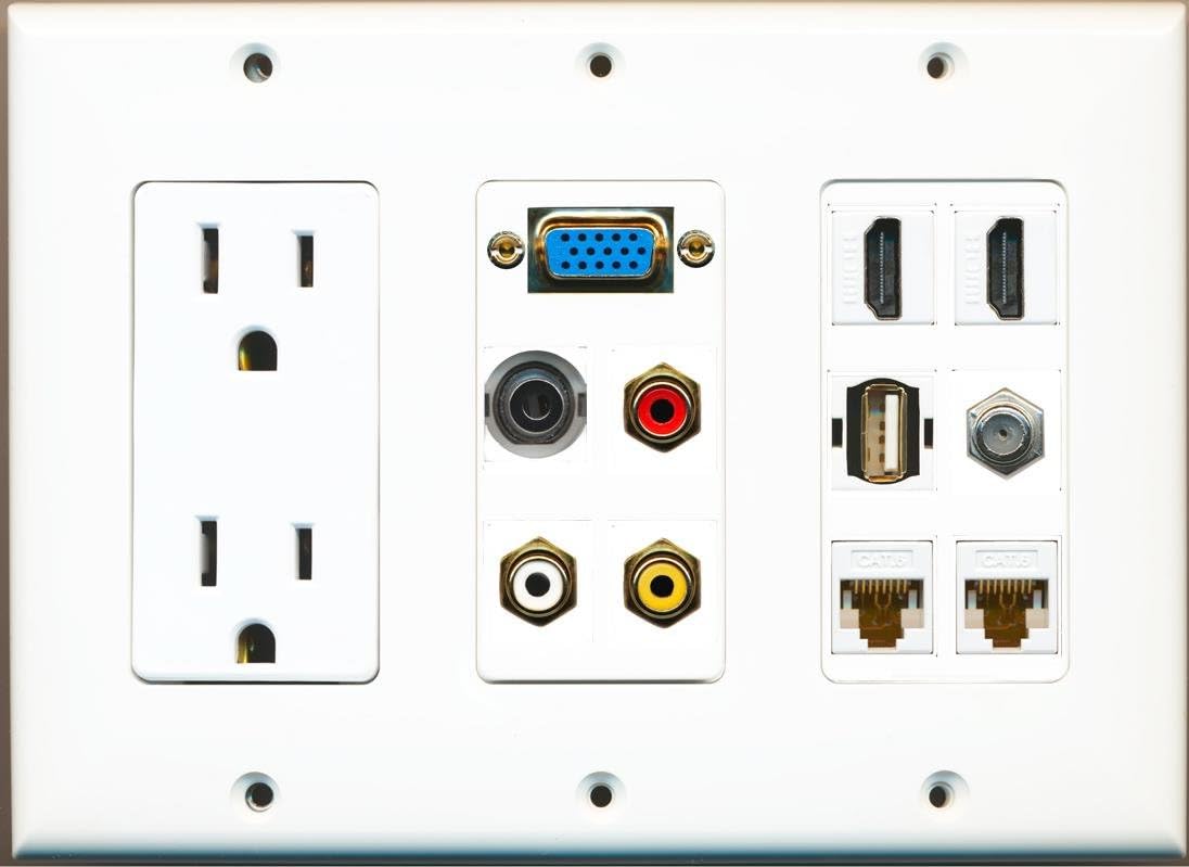 RiteAV 2 Hdmi 2 Cat6 3.5mm RCA Composite Coax USB-A SVGA Power Outlet Wall Plate - White