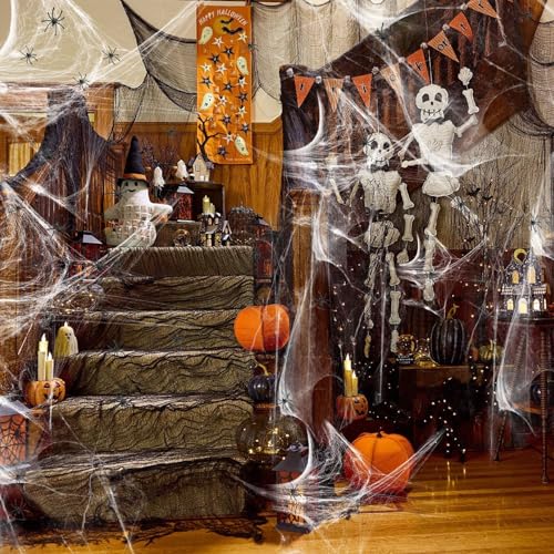 1200-sqft-Halloween-Spider-Webs-and-50pcs-Fake-Spiders-Super-Stretch-Cobwebs-Party-Decorate-for-Halloween-Theme-Indoor-and-Outdoor-Decoration