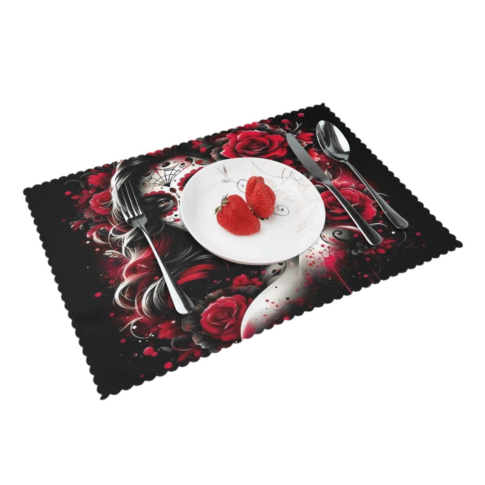 Sugar Skull Red Rose Day of The Dead Placemats Set of 4 Print Table Mats Place Mats Table Decor for Kitchen Dining 12X18 in