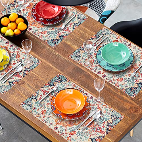 Image of Ethnic Boho Placemats Set of 6 Southwest Orange Blue Teal Carpet Woven Texture Linen Washable Kitchen Dining Table Mats Stain Heat-Resistant Desktop Decor Place Mats for Home Party Indoor 12x18 inch