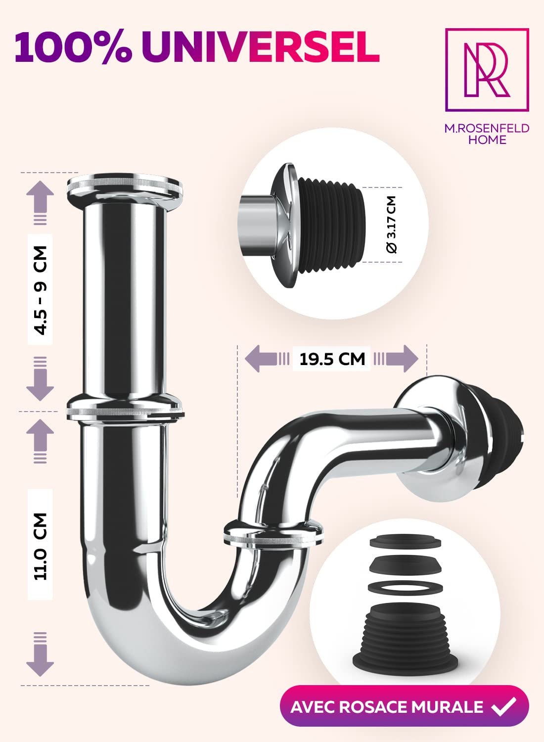 Siphon Lavabo/Évier Universel 1 1/4" - Acier Inoxydable Et Laiton - Anti-Odeurs Anti-Bouchon - Kit Complet - 3