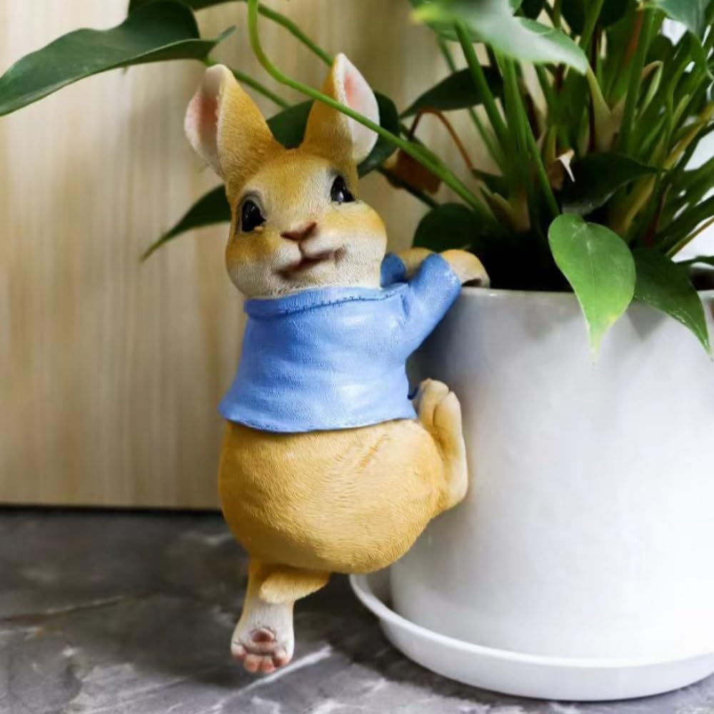 PEIQICHU Cute Rabbit Plants Pot Hanger Resin Easter Bunny Statue Flower Pot Planter Hanging Decorative Bunnies Wear Blue Cloth Sculptures Outdoor Garden Lawn Ornaments Home Office - Image 2