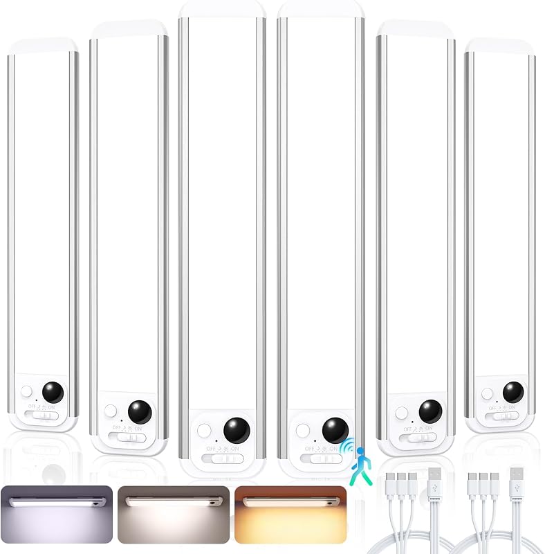 RUIKORING Iluminación debajo del gabinete de 8.5 pulgadas, paquete de 6, luces de armario de 3 colores | 48 luces LED recargables con sensor de movimiento para interiores, luces regulables debajo del mostrador, luces nocturnas magnéticas adhesivas para cocina