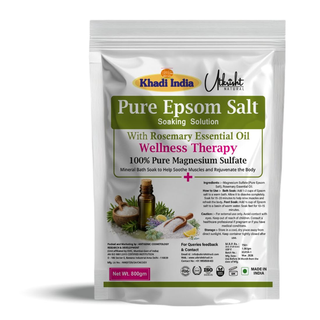 Khadi Utkrisht Pure Epsom Bath Salt with Rosemary Essential Oil for Relaxing Spa Bath, Muscle Pain Relief, Body Detox, Stress Relief & Foot Soak – Natural Magnesium Sulphate Bath Soak for Skin Care & Aromatherapy- 800GM-picture-13