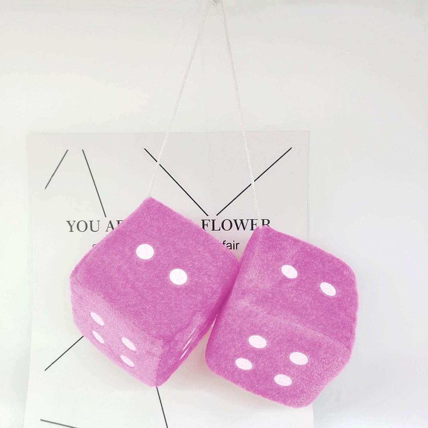 Pair 2.75” Pink with White Dots Mirror Fuzzy Plush Dice, Pink and White Soft Plush Car Decorative Hanging,Retro Square Decoration Dice for Car Hanging Accessories image 4