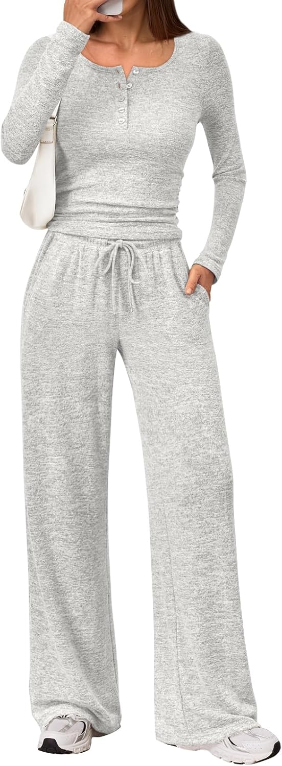 Trendy Queen Women's 2 Piece Matching Lounge Sets Fall Fashion Outfits Henley Neck Sweater Top Wide Leg Pants Sweat Suits