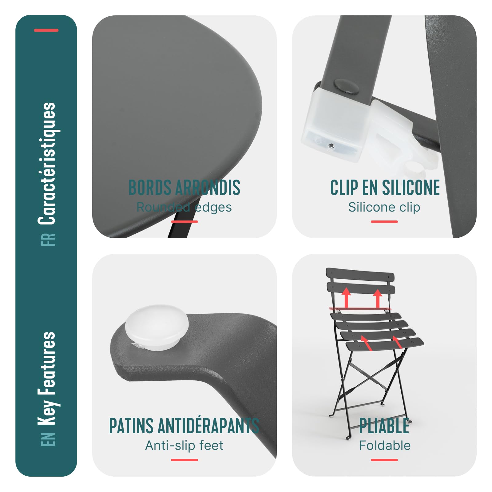 VOUNOT® Set Bistrot Pieghevole 3 Pezzi in Metallo, Set Tavolo e 2 Sedie da Giardino, Salvaspazio Resistente alle Intemperie e ai Raggi UV per Balcone, Patio, Terrazza e Esterno, Grigio
