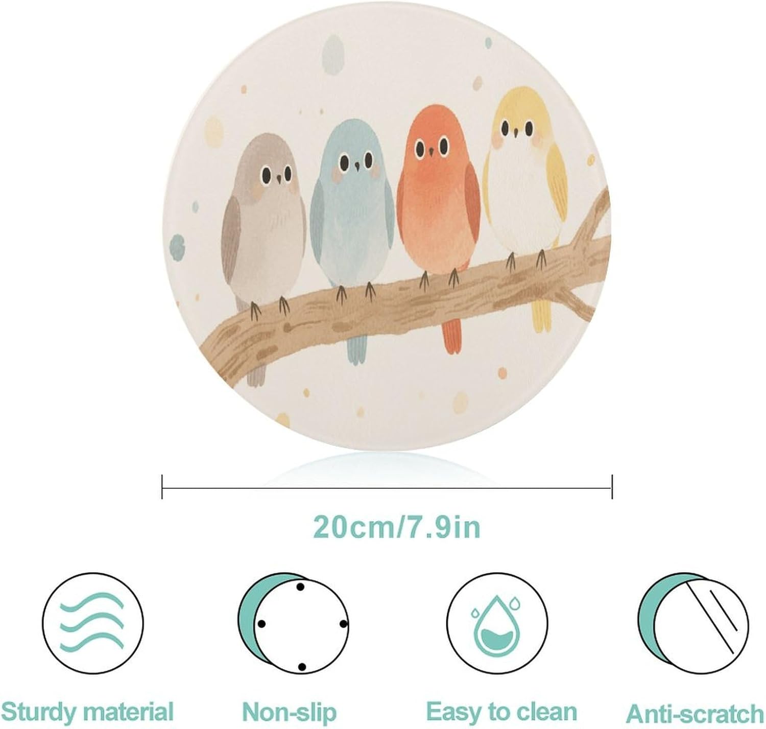 Cute Birds On The Branch Tempered Glass Cutting Board Sturdy Chopping Block Personalized Large Butcher Block Lightweight Round Chopping Mat for Kitchen Non Slip