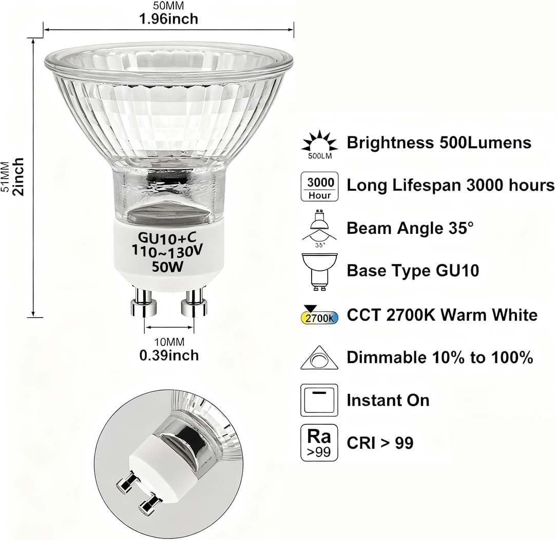 Candle Warmer Lamp Bulb, GU10 Halogen Bulb 110-130V 50W, GU10+C, MR16 with Glass Cover, 2700K Warm White, Dimmable, Pack of 6