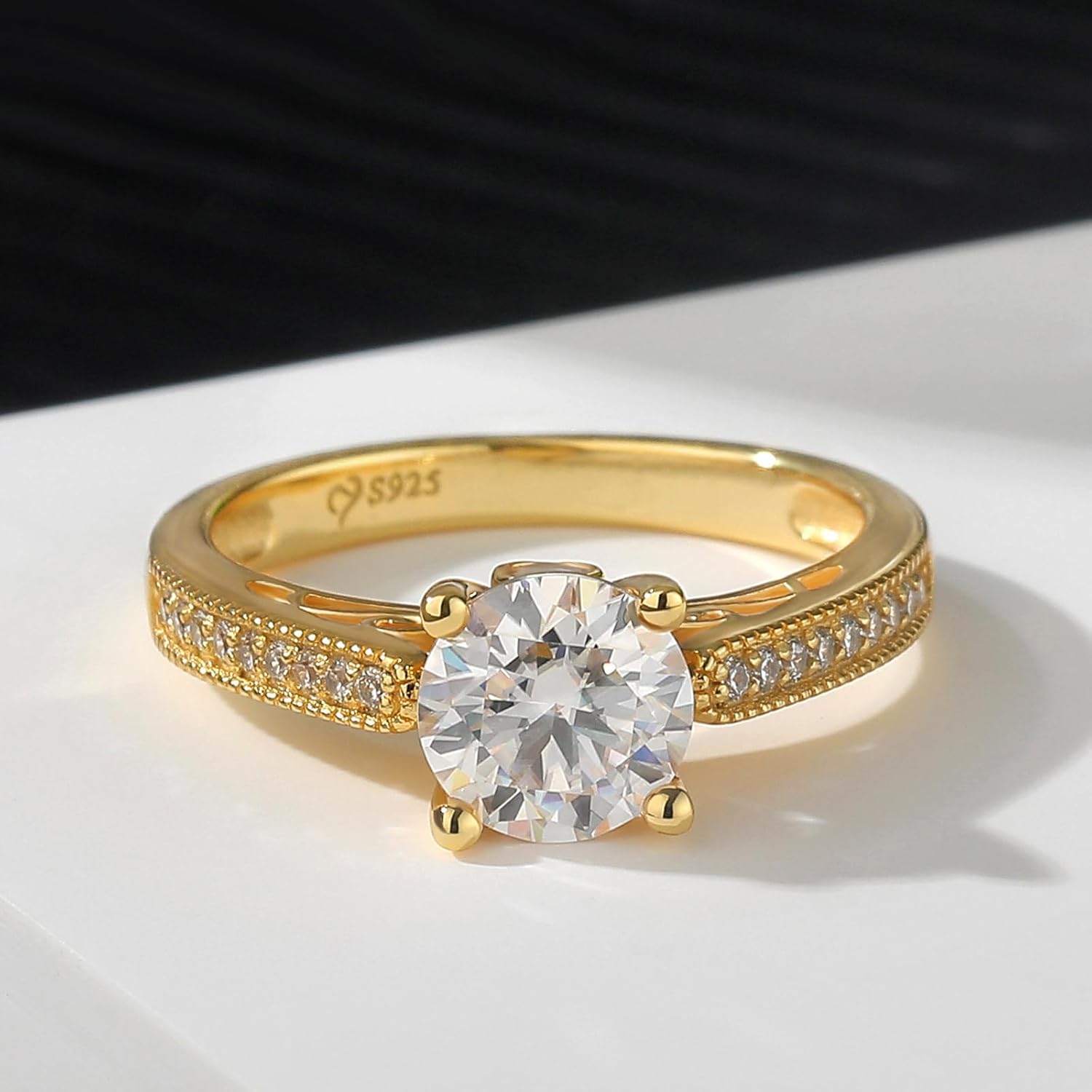 Jeulia Classic Moissanite Engagement Ring for Women; D Color Round Cut 925 Sterling Silver Wedding Ring Yellow Gold CZ Anniversary Promise Rings for Her with Jewelry Gift Box - Image 3