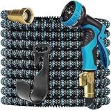50ft Expandable Garden Hose Water Hose - Kink Free Flexible Expending Hose 50ft with 10 Function Nozzle and 3-Layers Latex, 3/4 Solid Fittings (Black&Blue)