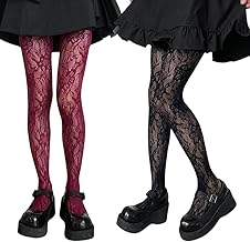 Patterned Mesh Pantyhose, 2 Pairs Sexy Floral Lace Black Burgundy Gothic Lolita Tights Night Club High Waist Lace Party Stockings (Black & Wine Red)